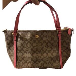 y2k Coach Signature Peyton East West Double Zip Carryall Gold Khaki Pink Purse
